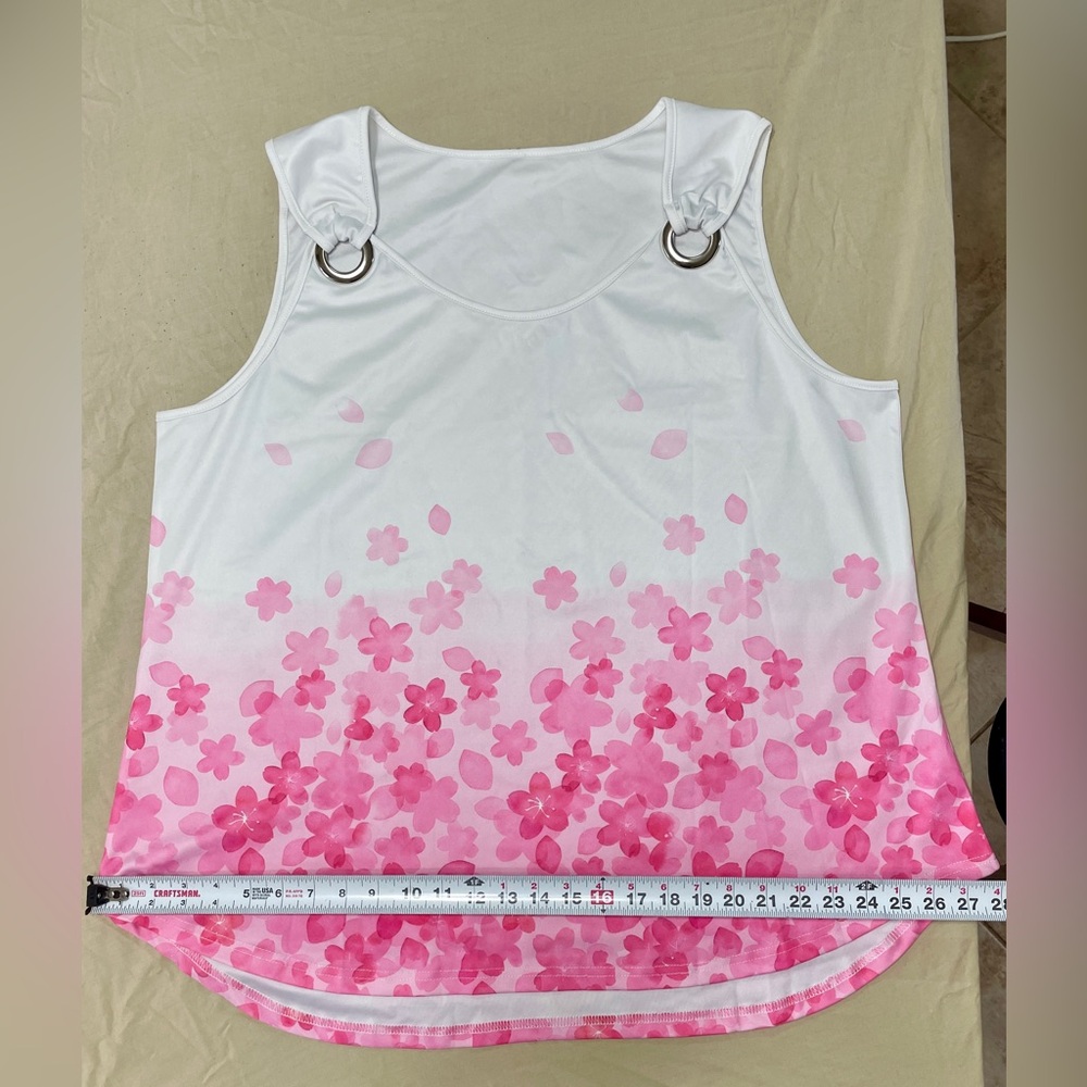 White and Pink Sleeveless Tank Top with Floral Pattern and Ring Accents
